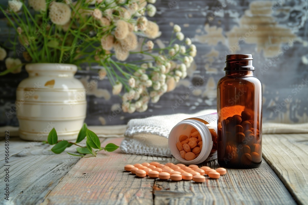 a bottle with medicinal capsules is laid out on the table a bottle with medicinal capsules is laid out on the table