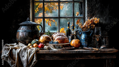 Country living rustic table in front of a window with bread flowers gourds pumpkin pitcher jug cloth on a wooden table, fall harvest seasonal still life, vintage indoor lifestyle photo