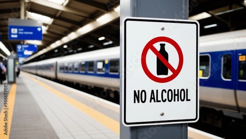 No Alcohol Sign at Train Station Platform with a Blurred Background of a Train
