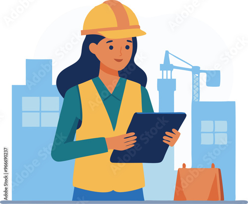 A woman wearing a yellow vest and a hard hat is looking at a tablet. She is wearing a safety vest and a hard hat, which suggests that she is working in a construction site
