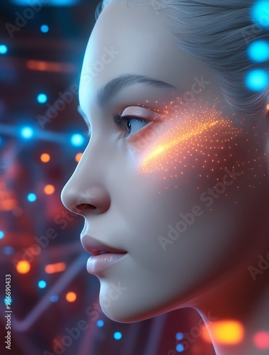 A futuristic portrait features a face illuminated by vibrant lights and sparkles. The abstract design combines neon colors, creating a magical atmosphere (6)