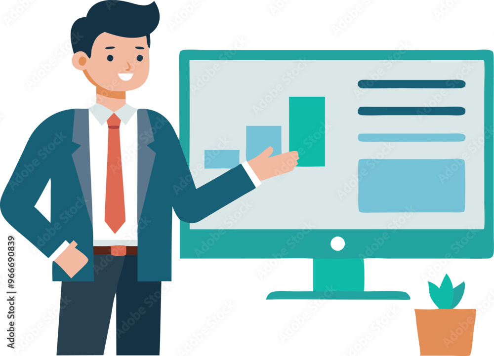 A man in a suit is standing in front of a computer monitor, pointing to a graph on the screen A man in a suit is standing in front of a computer monitor, pointing to a graph on the screen