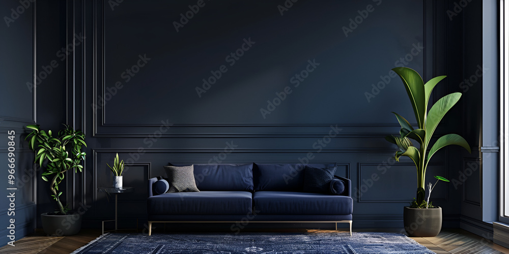 Stylish Dark Living Room with Plants and Blue Sofa