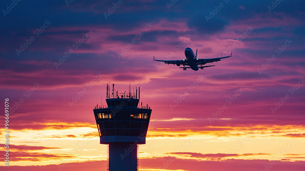 Silhouette of an airplane flying over the control tower at sunset Silhouette of an airplane flying over the control tower at sunset