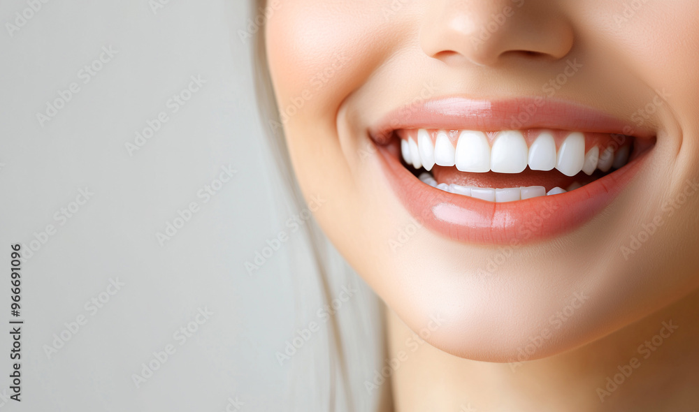 Fototapeta premium Smiling Woman mouth with perfect healthy white teeth. Professional banner for dental care, dental clinics with copy space. Female mouth close-up, teeth whitening mouth hygiene concept