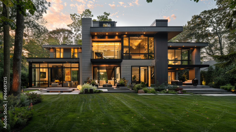 A beautiful modern home exterior with large windows, a manicured lawn, and a sleek design, surrounded by greenery A beautiful modern home exterior with large windows, a manicured lawn, and a sleek design, surrounded by greenery