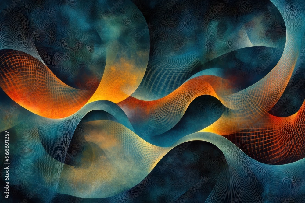 Abstract Art with Intertwined Curved Shapes and Patterns in Teal, Orange, and Yellow Hues Abstract Art with Intertwined Curved Shapes and Patterns in Teal, Orange, and Yellow Hues