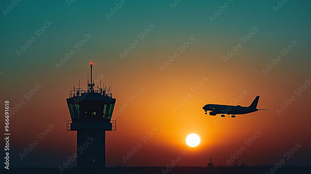 Silhouette of an airplane flying over the control tower at sunset Silhouette of an airplane flying over the control tower at sunset