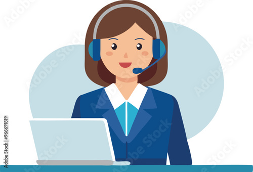 A woman wearing a headset is sitting at a desk with a laptop. She is smiling and she is happy