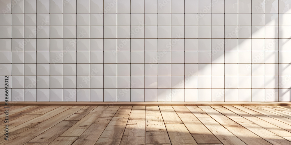Fototapeta premium Empty Room with White Tile Wall and Wooden Floor