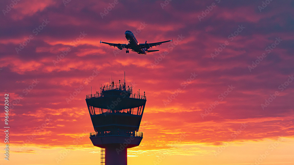 Silhouette of an airplane flying over the control tower at sunset Silhouette of an airplane flying over the control tower at sunset