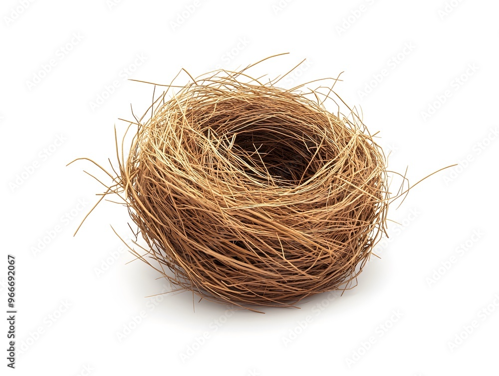 Obraz premium A small, brown, woven bird's nest, isolated on a white background.
