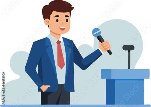 A man in a suit is holding a microphone and smiling. He is standing in front of a podium