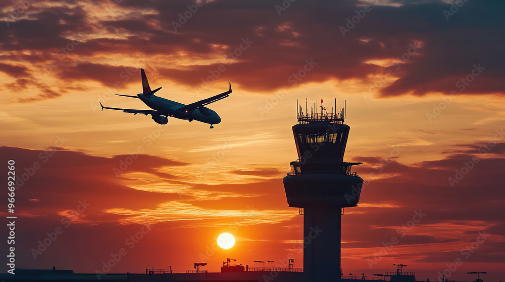 Silhouette of an airplane flying over the control tower at sunset Silhouette of an airplane flying over the control tower at sunset