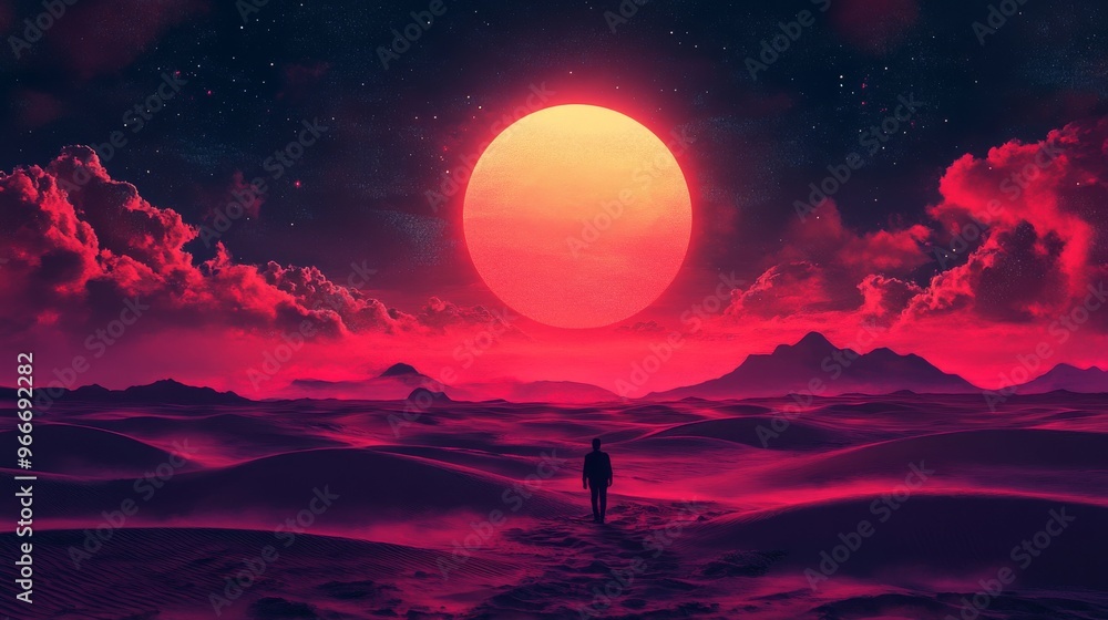 A lone figure walks across a crimson desert under a giant red sun A lone figure walks across a crimson desert under a giant red sun
