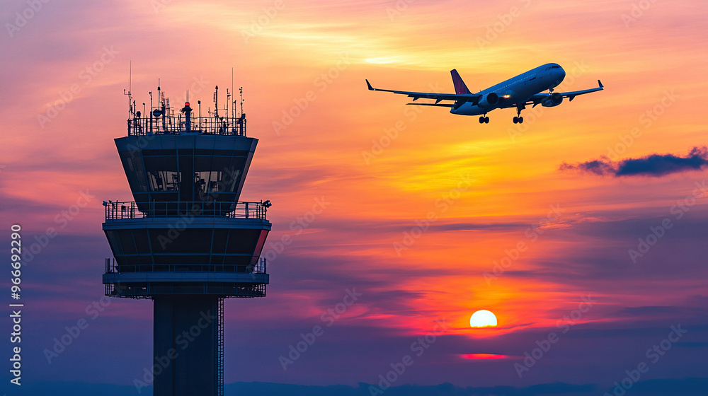 Silhouette of an airplane flying over the control tower at sunset Silhouette of an airplane flying over the control tower at sunset