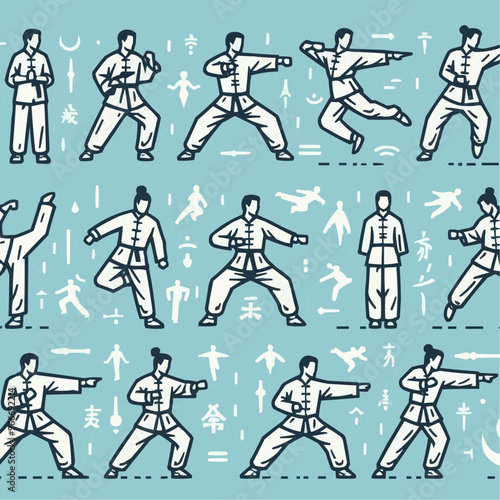 pattern with sports icons set of karate player moves vector icon sheet silhouettes