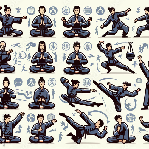 pattern with sports icons set of Kung fu player moves vector icon sheet silhouettes