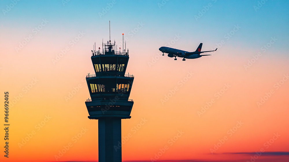 Silhouette of an airplane flying over the control tower at sunset Silhouette of an airplane flying over the control tower at sunset