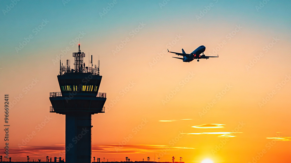 Silhouette of an airplane flying over the control tower at sunset Silhouette of an airplane flying over the control tower at sunset