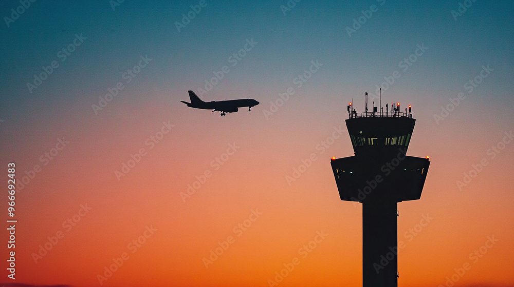 Silhouette of an airplane flying over the control tower at sunset Silhouette of an airplane flying over the control tower at sunset