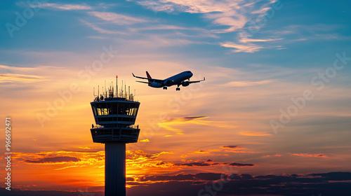 Silhouette of an airplane flying over the control tower at sunset