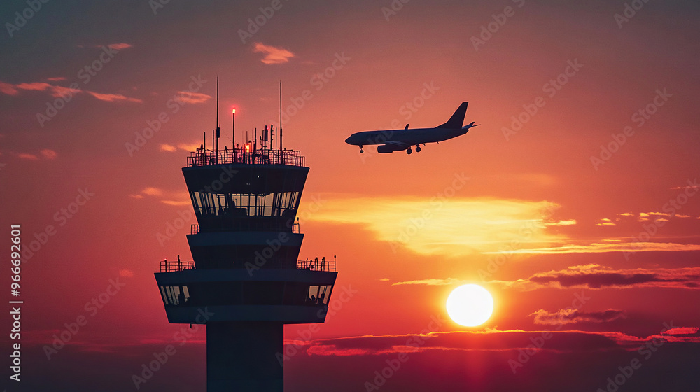 Silhouette of an airplane flying over the control tower at sunset Silhouette of an airplane flying over the control tower at sunset
