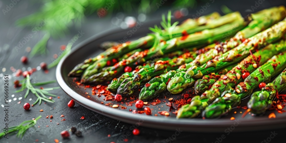Close-up image of roasted asparagus garnished with red pepper flakes on a plate. Close-up image of roasted asparagus garnished with red pepper flakes on a plate.