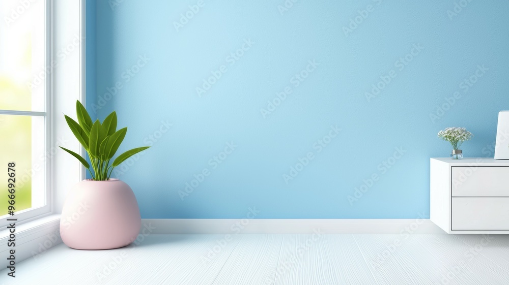 A white and blue room with a white dresser and a pink vase with a plant in it A white and blue room with a white dresser and a pink vase with a plant in it