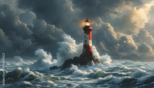 Defiant lighthouse withstands fierce ocean waves under dark, stormy clouds, symbolizing unwavering strength and guidance in turbulent seas. photo