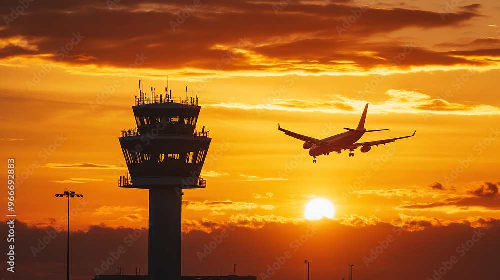 Silhouette of an airplane flying over the control tower at sunset Silhouette of an airplane flying over the control tower at sunset