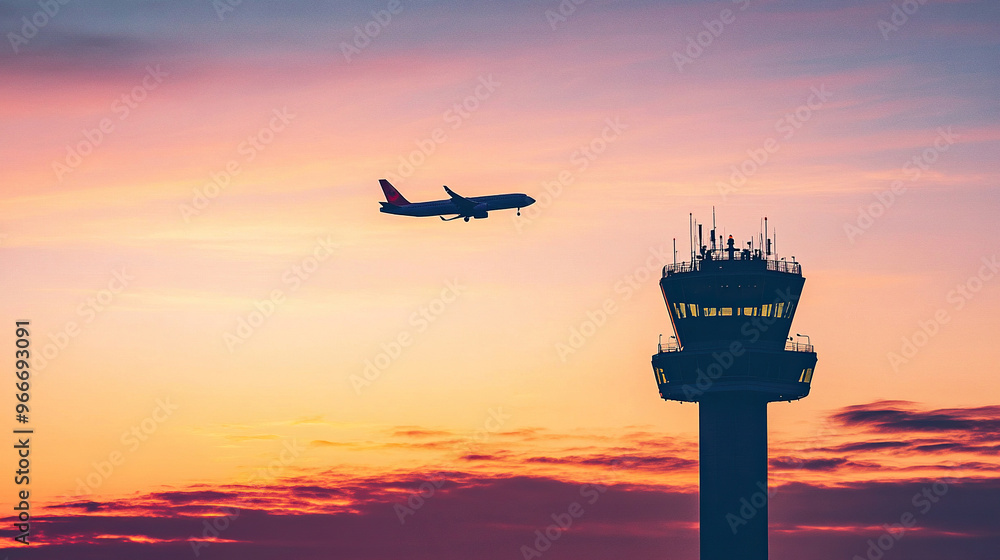 Silhouette of an airplane flying over the control tower at sunset Silhouette of an airplane flying over the control tower at sunset