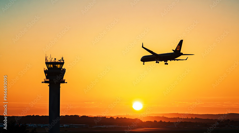 Silhouette of an airplane flying over the control tower at sunset Silhouette of an airplane flying over the control tower at sunset