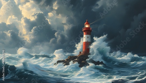 Defiant lighthouse withstands fierce ocean waves under dark, stormy clouds, symbolizing unwavering strength and guidance in turbulent seas. photo