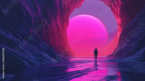 Silhouette of a Person Standing in a Cave Opening with a Pink Sun