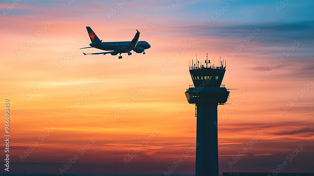 Silhouette of an airplane flying over the control tower at sunset Silhouette of an airplane flying over the control tower at sunset