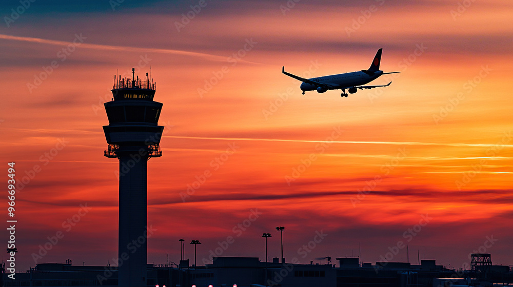 Silhouette of an airplane flying over the control tower at sunset Silhouette of an airplane flying over the control tower at sunset