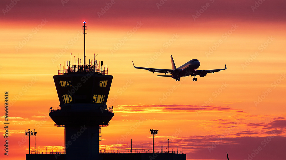 Silhouette of an airplane flying over the control tower at sunset Silhouette of an airplane flying over the control tower at sunset