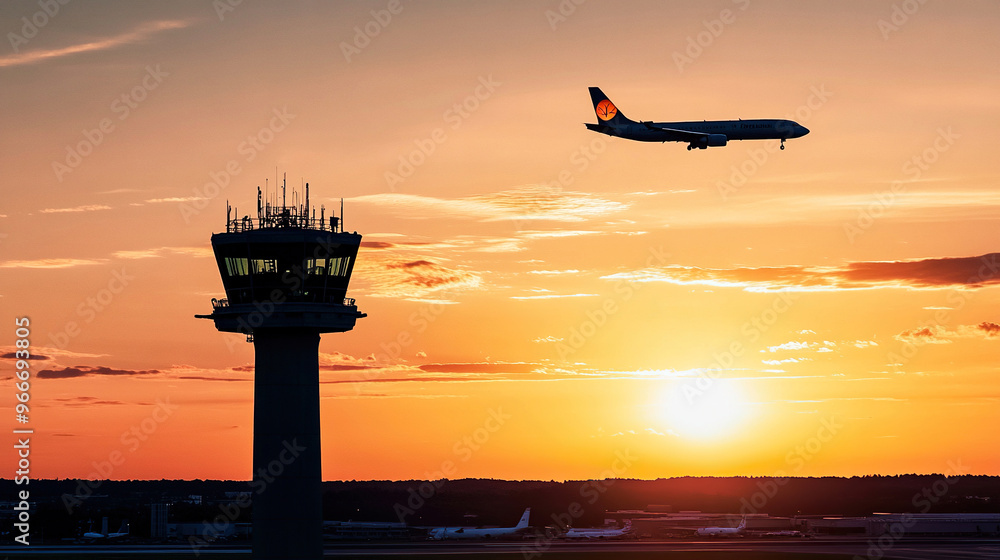 Fototapeta premium Silhouette of an airplane flying over the control tower at sunset