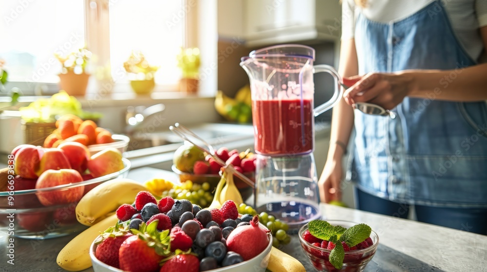 A bright kitchen with a person making smoothies, a blender filled with fruits, and a bowl of fresh berries A bright kitchen with a person making smoothies, a blender filled with fruits, and a bowl of fresh berries