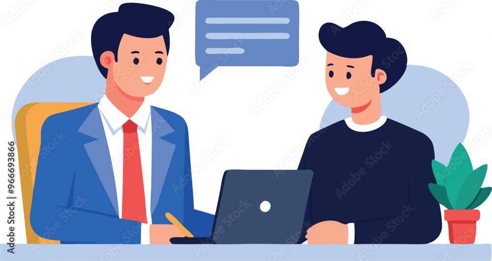 Fototapeta premium A man and a young man are sitting at a desk with a laptop. The man is wearing a suit and tie