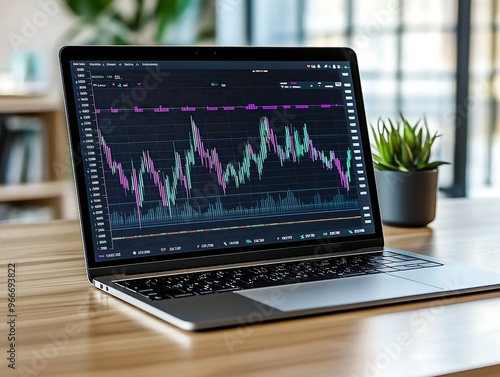 Laptop displaying stock market graph, financial analysis and investment