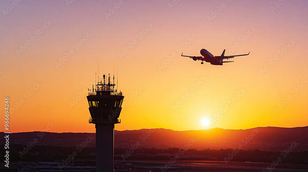 Silhouette of an airplane flying over the control tower at sunset Silhouette of an airplane flying over the control tower at sunset