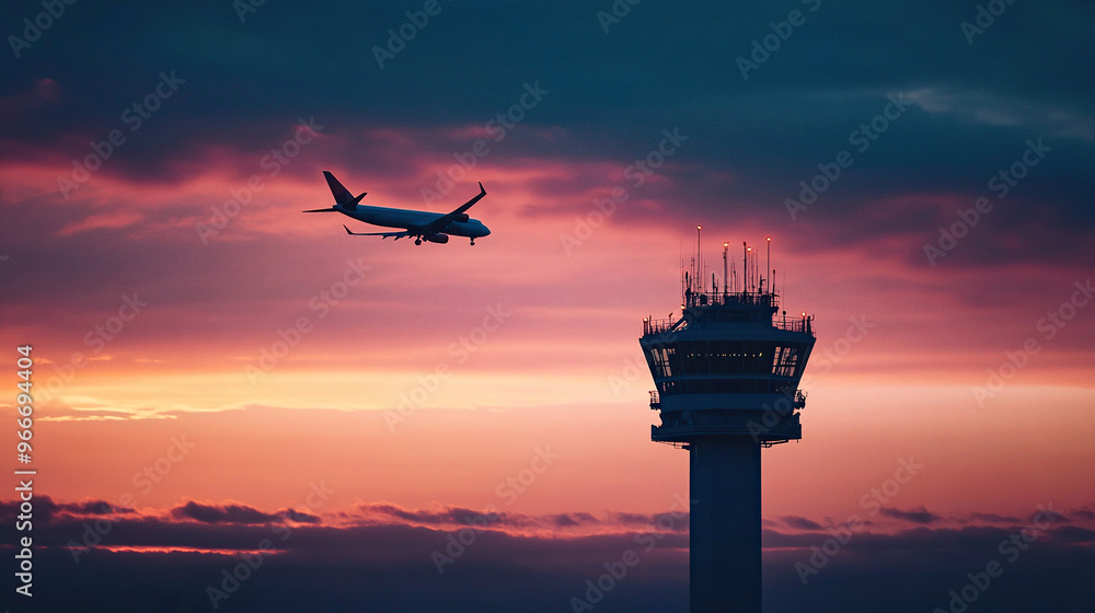 Silhouette of an airplane flying over the control tower at sunset Silhouette of an airplane flying over the control tower at sunset