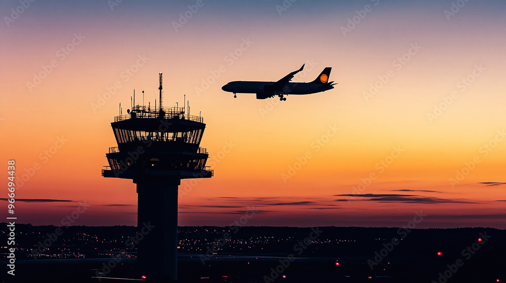 Silhouette of an airplane flying over the control tower at sunset Silhouette of an airplane flying over the control tower at sunset