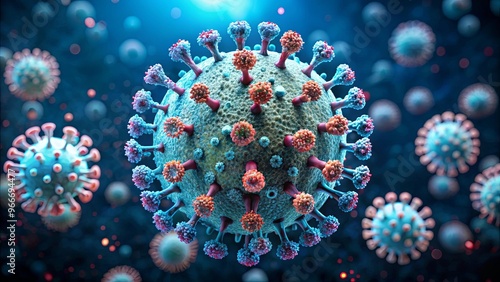 Wallpaper Mural Close-up view of a virus particle, illustrating its intricate structure and protruding spike proteins Torontodigital.ca