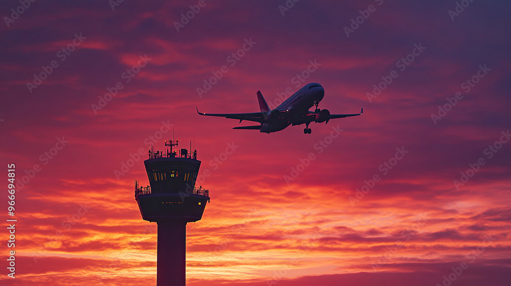 Silhouette of an airplane flying over the control tower at sunset Silhouette of an airplane flying over the control tower at sunset