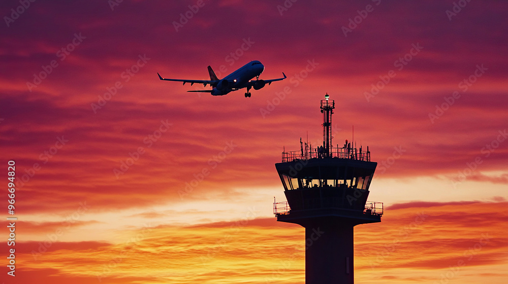 Silhouette of an airplane flying over the control tower at sunset Silhouette of an airplane flying over the control tower at sunset