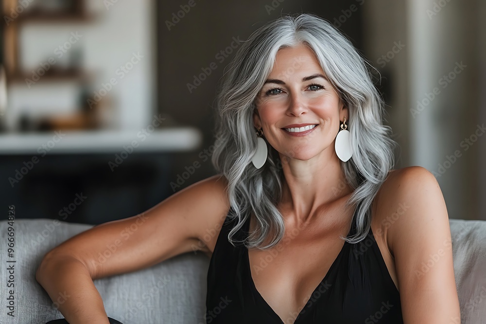 Attractive good-looking middle-aged woman spend time at home sit on armchair staring into distance deep in pleasant thoughts and aspirations, planning bright future at own new apartment. Leisure, rest