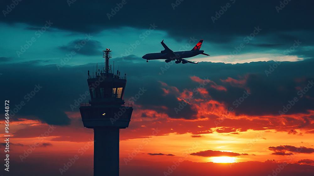 Silhouette of an airplane flying over the control tower at sunset Silhouette of an airplane flying over the control tower at sunset
